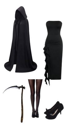 a woman in black clothes and accessories including a cape, dress, shoes, umbrella