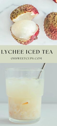 lychee iced tea in a glass with a spoon next to it and an image of