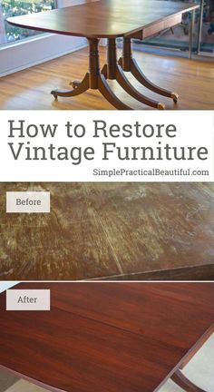 the before and after pictures of an antique furniture makeover, including a dining room table