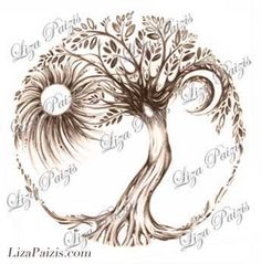 a drawing of a tree with swirls and leaves in the shape of a circle