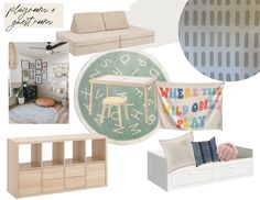 a collage of furniture and decor in neutral colors