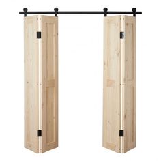 an open wooden door with two black handles on the front and one closed in the back