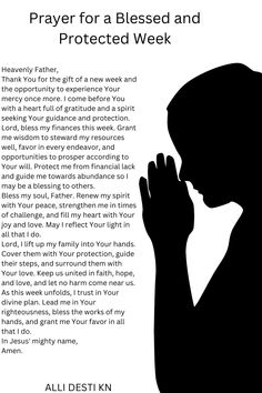 a woman praying with the words prayer for a blessing and protected week written below her