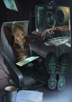 a woman sitting in a chair with her feet up on the desk and looking at a computer screen