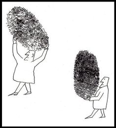 two people are looking at a fingerprint in the shape of a person's head