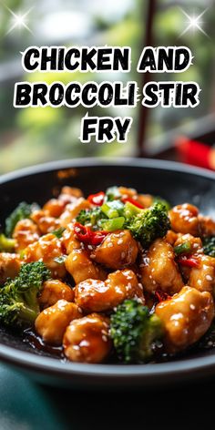 chicken and broccoli stir fry in a skillet with the words, chicken and broccoli stir fry