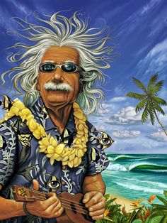 a painting of an old man playing a guitar on the beach with palm trees in the background