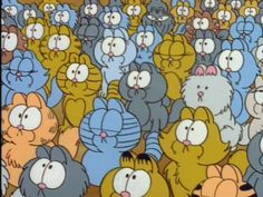 many cartoon characters are standing in the middle of a crowd