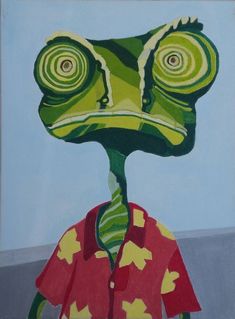 a painting of a green frog wearing a red shirt