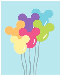 an iphone screen shot of mickey mouse balloons with the text disney parks, constructed illustrated poster print blue, green, pink, orange, yellow