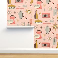 a pink wallpaper with kitchen utensils on it