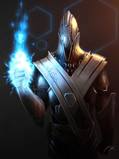 a man in armor holding a glowing ball