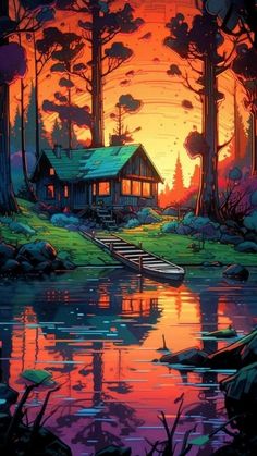 a painting of a cabin in the woods at sunset with water and trees around it