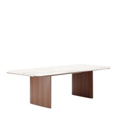 a white marble table with wooden legs and a brown wood base on an isolated background