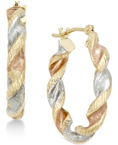 A tri-tone finish teams with a twisted design, delivering contemporary appeal to these stylish hoops. Crafted in 10k tri-tone gold. Bar-and-catch closure. Approximate diameter: 3/4 inch. Twist Hoop Earrings, Double Hoop Earrings, Oval Hoop Earrings, Mens Gift Sets, Fine Jewellery Earrings, Baby Clothes Shops, Rose Gold Plates, Pumps Heels, Gemstone Jewelry