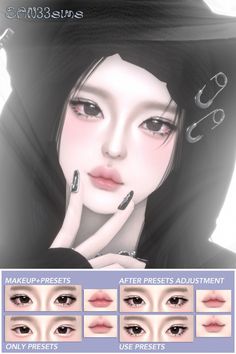 an animated image of a woman's face with different makeup types and colors on it