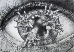 a drawing of an eye with many hands on the iris's side and fingers in the center