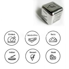 the dice is labeled with different types of food and their names are shown below it