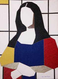 a painting of a woman's face with different colored squares in the back ground