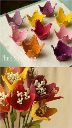 there are many different colored flowers in the vases and one is made out of paper