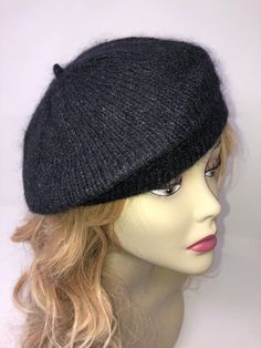 Hand-Knitted Beret/Hat Wool Silk Mohair blend, Black Classic Fitted Soft Knit Hat, Classic Black Knitted Hat, Classic Winter Beret One Size, Black Fitted Crochet Hat, One Size Knitted Beret Cap, Winter Brimmed Beret One Size Fits Most, Classic Fitted Beret For Winter, Black One Size Winter Beret, Classic Fitted Winter Beret