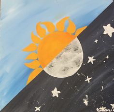 a painting with stars and the moon painted on it