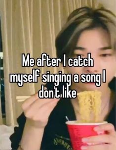 a girl eating noodles with the caption me after i catch my self singing a song i don't like