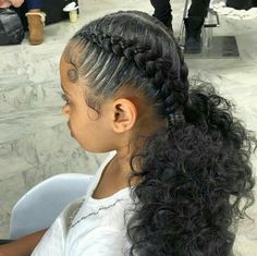 2 Feed In Braids With Ponytail, Hairstyles To Do For School Black, Kids Prom Hairstyles Black, Kid Summer Hairstyles, Hairstyles For 2nd Grade, Hairstyles For Black Middle Schoolers, Two Buns Hairstyle With Braids, Two Braids With Hair Out, 8 Year Hairstyles