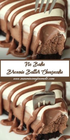 no bake brownie health cheesecake with chocolate drizzle and fork in it