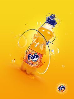 a bottle of fam orange juice with splashing around it on an orange background