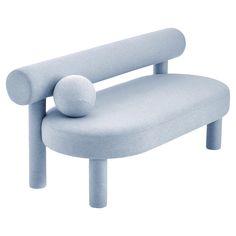 a blue bench with a white ball on it's back and armrests