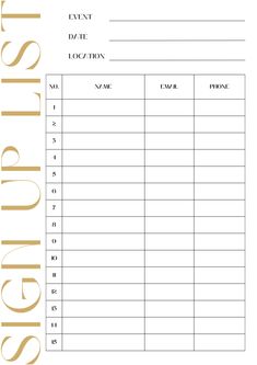 a blank sign up sheet with gold lettering