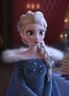 a frozen princess is standing in front of a table with a cake and star decorations on it