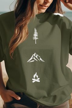 Adventure Outdoor T-shirt, Tree Mountain Bonfire Design, Hiking Nature Graphic Tee, Camping Enthusiast Shirt, Wilderness Lover Gift - Etsy Canada Hiking Tshirt Design Ideas, Camping Tshirt Design, Outdoor T Shirt Design, Adventure Tshirt Design, Nature Tshirt Design, Camping Tshirt Ideas, Best Tshirt Design