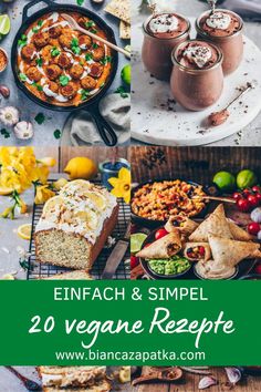 a collage of photos with the words, enfach and simple 20 vegane recipe