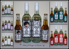 several bottles of different types of alcohol in various stages of being labeled with labels on them