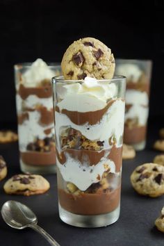 chocolate chip cookies and marshmallows in a glass with ice cream on top