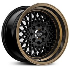 an image of a black and gold wheel on a white background with the word ruff written