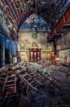 the inside of an abandoned building with lots of debris