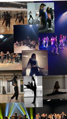 a collage of photos with dancers and lights