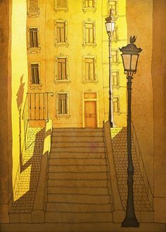 a painting of stairs leading up to a building with a lamp post in the foreground