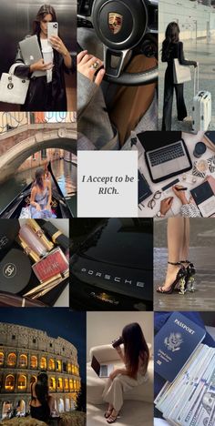 a collage of photos with women and laptops in them, including the words i accept to be rich