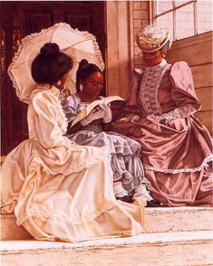 three women sitting on steps with an open book in their hands and one woman holding an umbrella