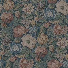 a blue and brown floral wallpaper with many different flowers on the top of it