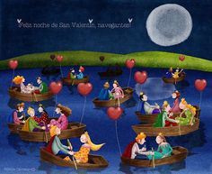 there are many people in boats floating on the water with heart shaped balloons attached to them