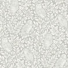 a wallpaper with white leaves and birds on it's sides, in shades of grey