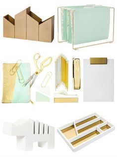 various office supplies including binders, paper clips, and folders are arranged on a white background