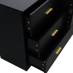 a black cabinet with gold handles and drawers