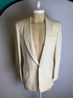 Vintage Shawl Collar Tapeted Cut One-Button Linen Sports Coat Size 40 L Good condition.  Has a stain on the lapel near the buttonaire buttonhole. After Six by Rudofker 21" across the chest  18" shoulder to shoulder  26" from shoulder to cuff  37" from top of collar fold to hem Shawl Collar Suit Men, Luxury Shawl Collar Wedding Blazer, Shawl Collar Tailored Jacket, Vintage Fitted Outerwear With Shawl Collar, Luxury Single-breasted Shawl Collar Suits, Linen Sport Coat, Vintage Shawls, Shawl Collar, Sport Coat