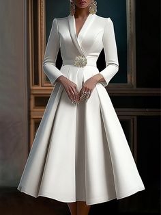 Elegant Plain Shawl Collar Midi Dress | stylewe Nice Dresses Classy, Fancy Dinner Dress, Mini Dress With Tights, Wedding Tiaras, Elegant Midi Dress, Classy Outfits For Women, Dinner Dress Classy, Family Board, Classy Lady